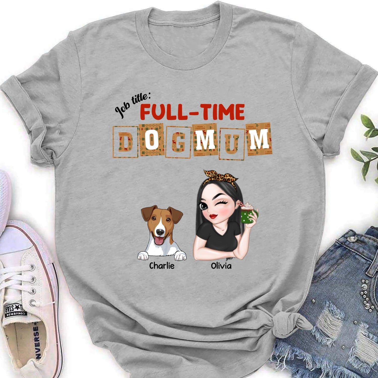 Full Time Dog Mom Dad Christmas - Personalized Custom Women's T-shirt - Ideal Gift for Pet Lovers