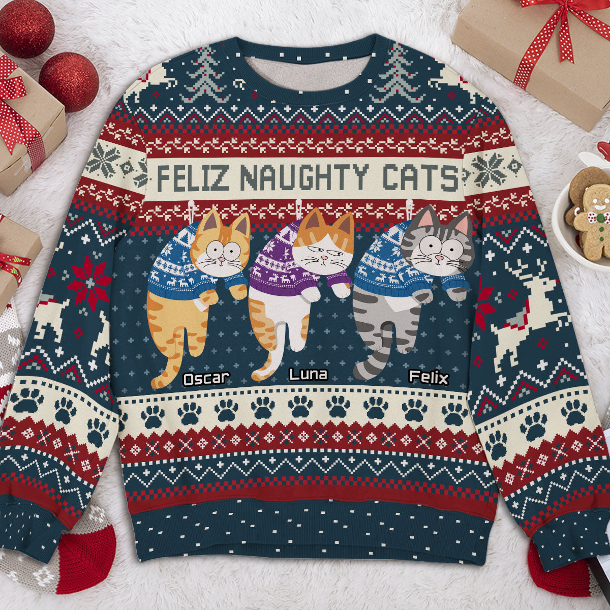 Personalized Custom All-Over-Print Christmas Hanging Cat Unisex Sweatshirt