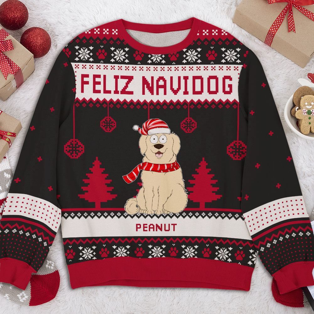 Feliz Navidog 2 - Personalized Custom All-Over-Print Unisex 8.8 oz Polyester Blend Holiday Sweatshirt for Dog Lovers