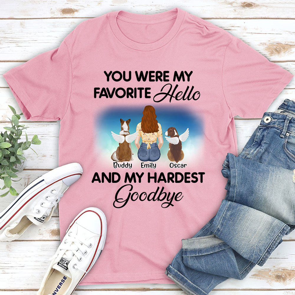 Favorite Hello And My Hardest Goodbye - Personalized Custom Unisex Memorial T-shirt for Pet Lovers