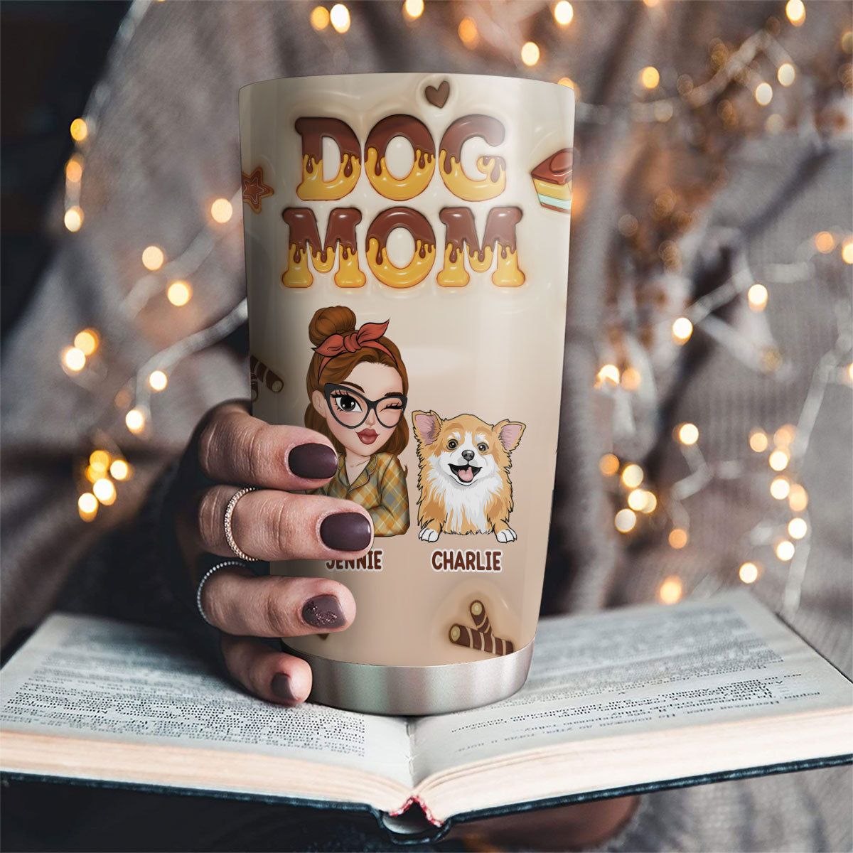 Personalized Custom 3D Inflated Effect Dog Mom Chocolate Tumbler - 20oz High - Quality Stainless Steel