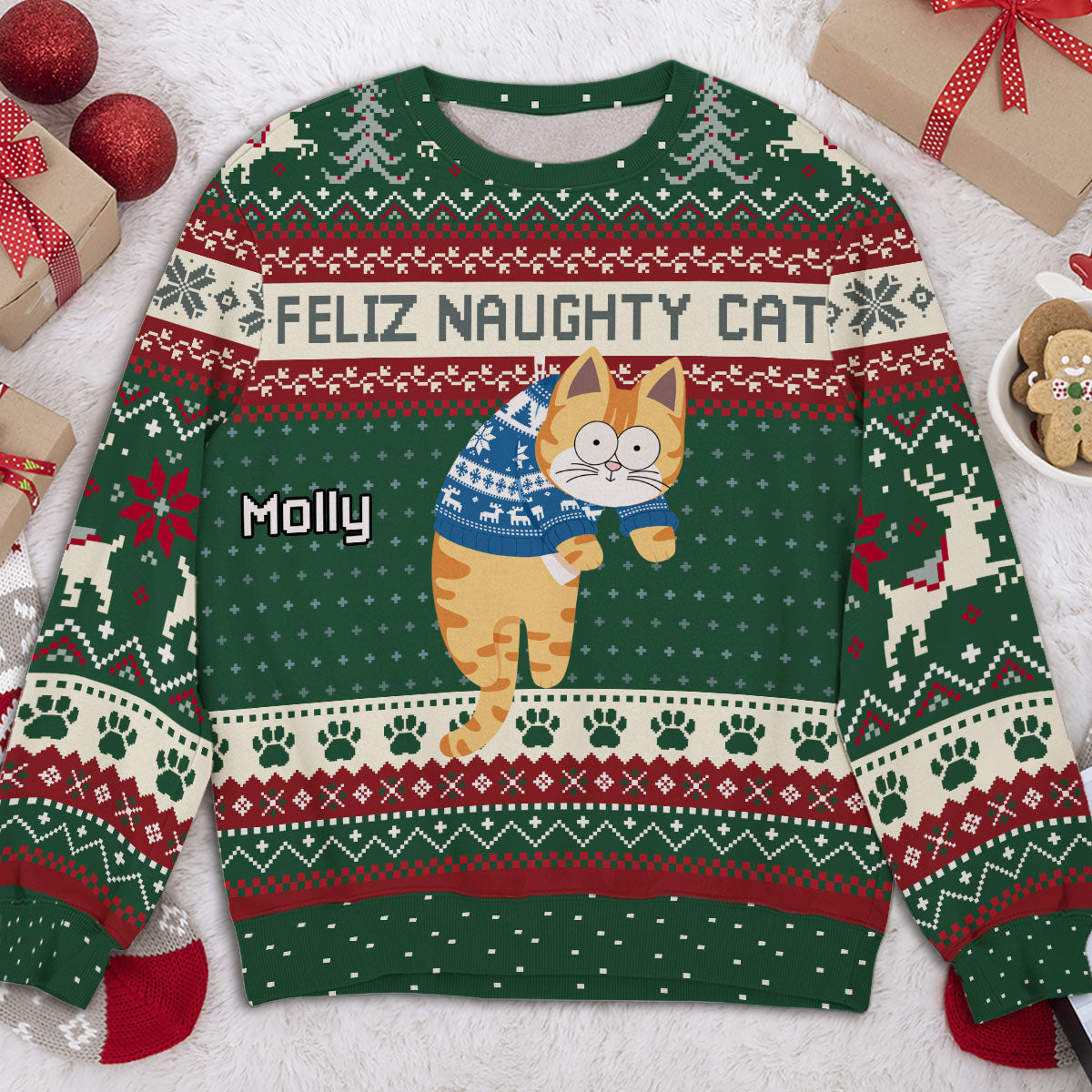 Personalized Custom All-Over-Print Christmas Hanging Cat Unisex Sweatshirt