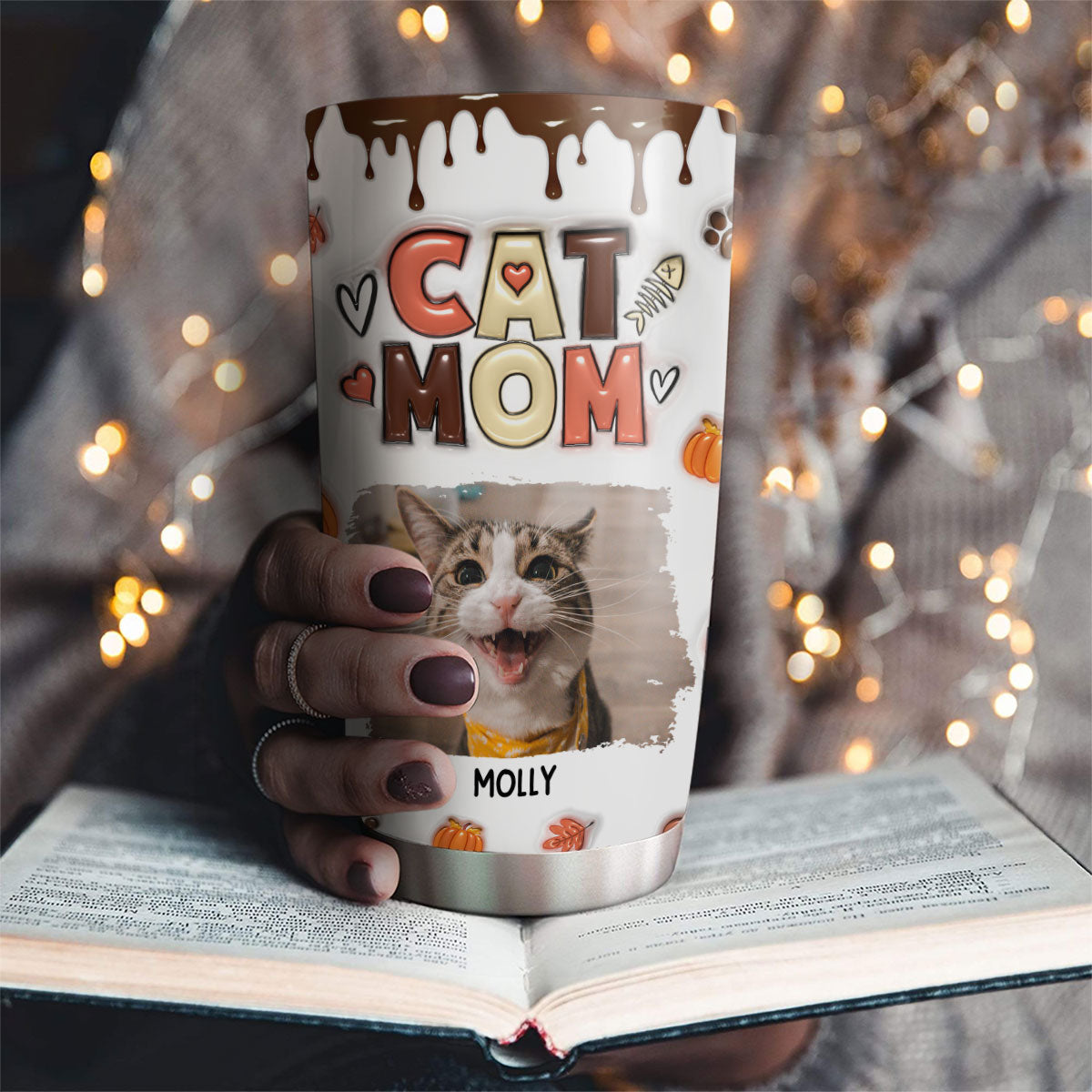 Fall Season Personalized Custom 3D Inflated Effect Tumbler for Cat Moms