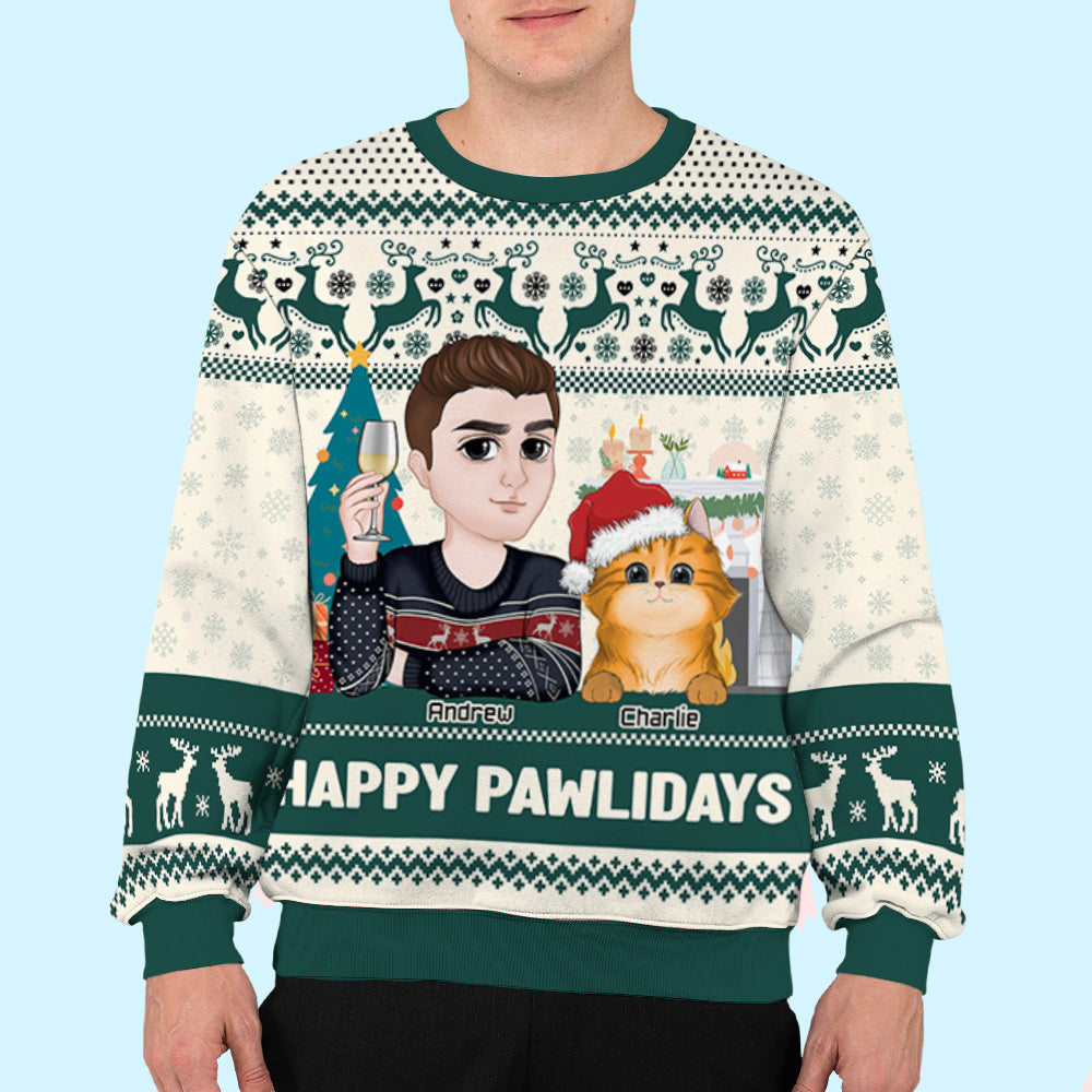 Happy Pawlidays Personalized Custom All-Over-Print Unisex Sweatshirt for Cat Moms - Trendy Holiday Gift