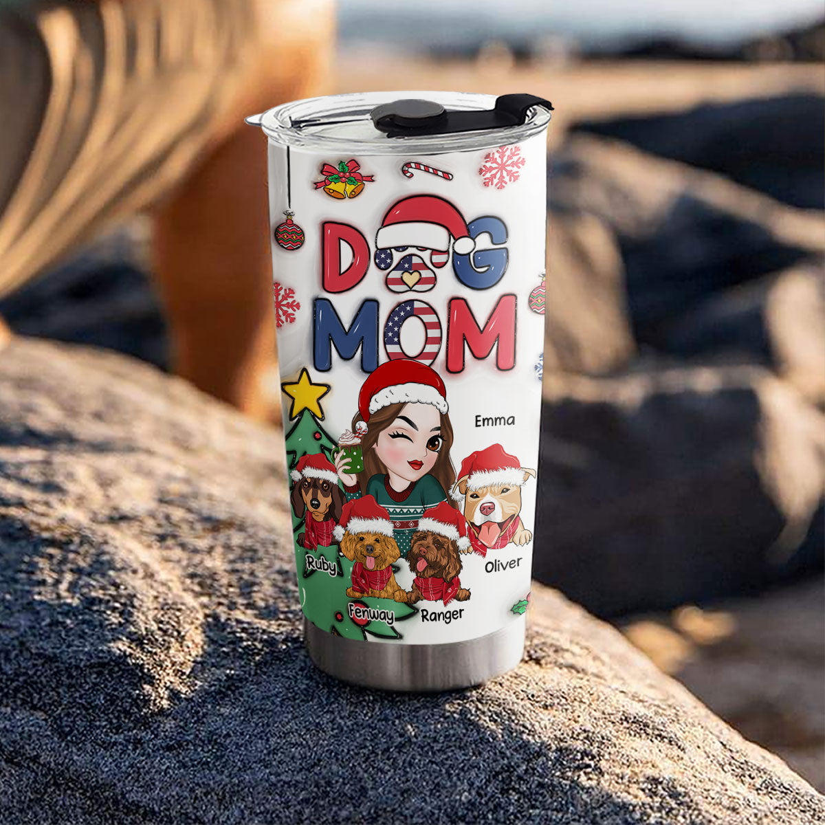 Charming Dog Mom Christmas Version 3 - Personalized Custom 3D Inflated Effect 20oz Stainless Steel Tumbler