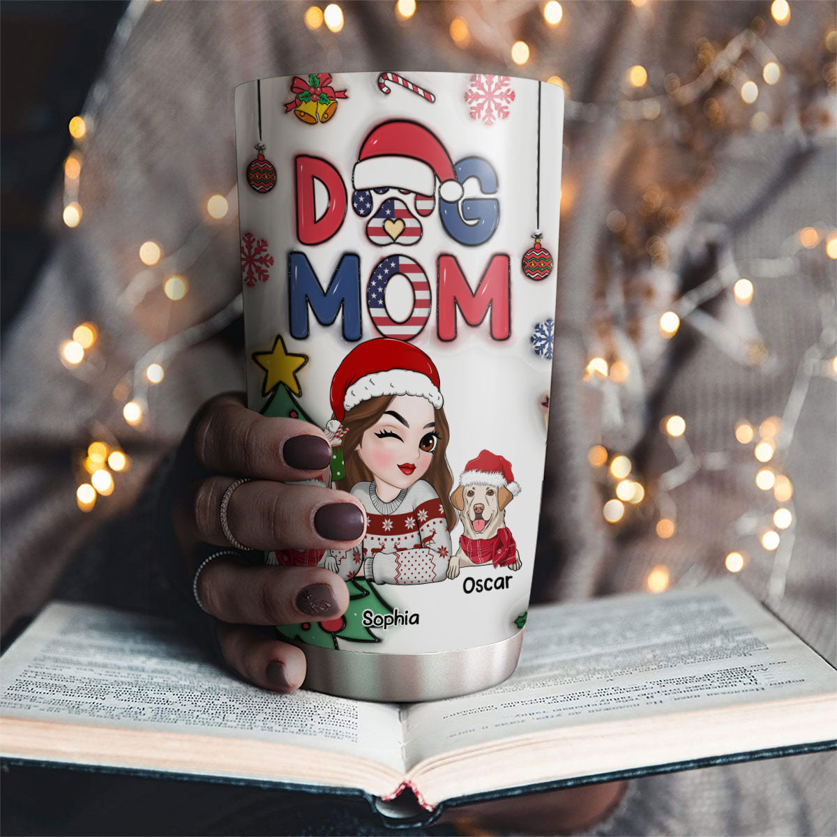 Charming Dog Mom Christmas Version 3 - Personalized Custom 3D Inflated Effect 20oz Stainless Steel Tumbler