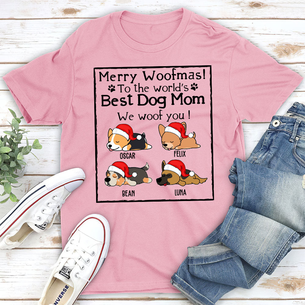 Woof Dog Dad Mom Christmas - Personalized Custom Unisex 5.3 oz Heavy Cotton T-shirt for Pet Lovers