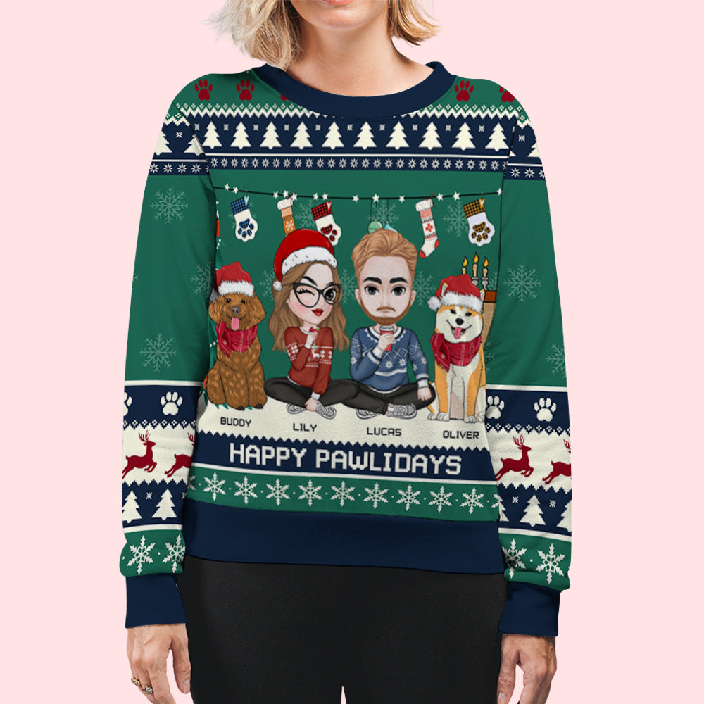 Couple Snowy Pawlidays - Personalized Custom All-Over-Print 8.8 oz Unisex Polyester Blend Sweatshirt for Pet Lovers