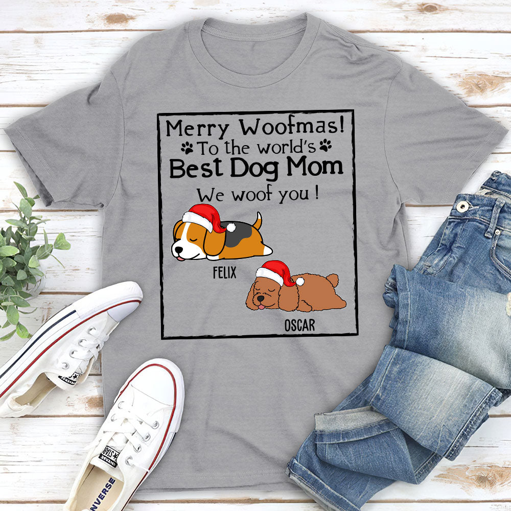 Woof Dog Dad Mom Christmas - Personalized Custom Unisex 5.3 oz Heavy Cotton T-shirt for Pet Lovers