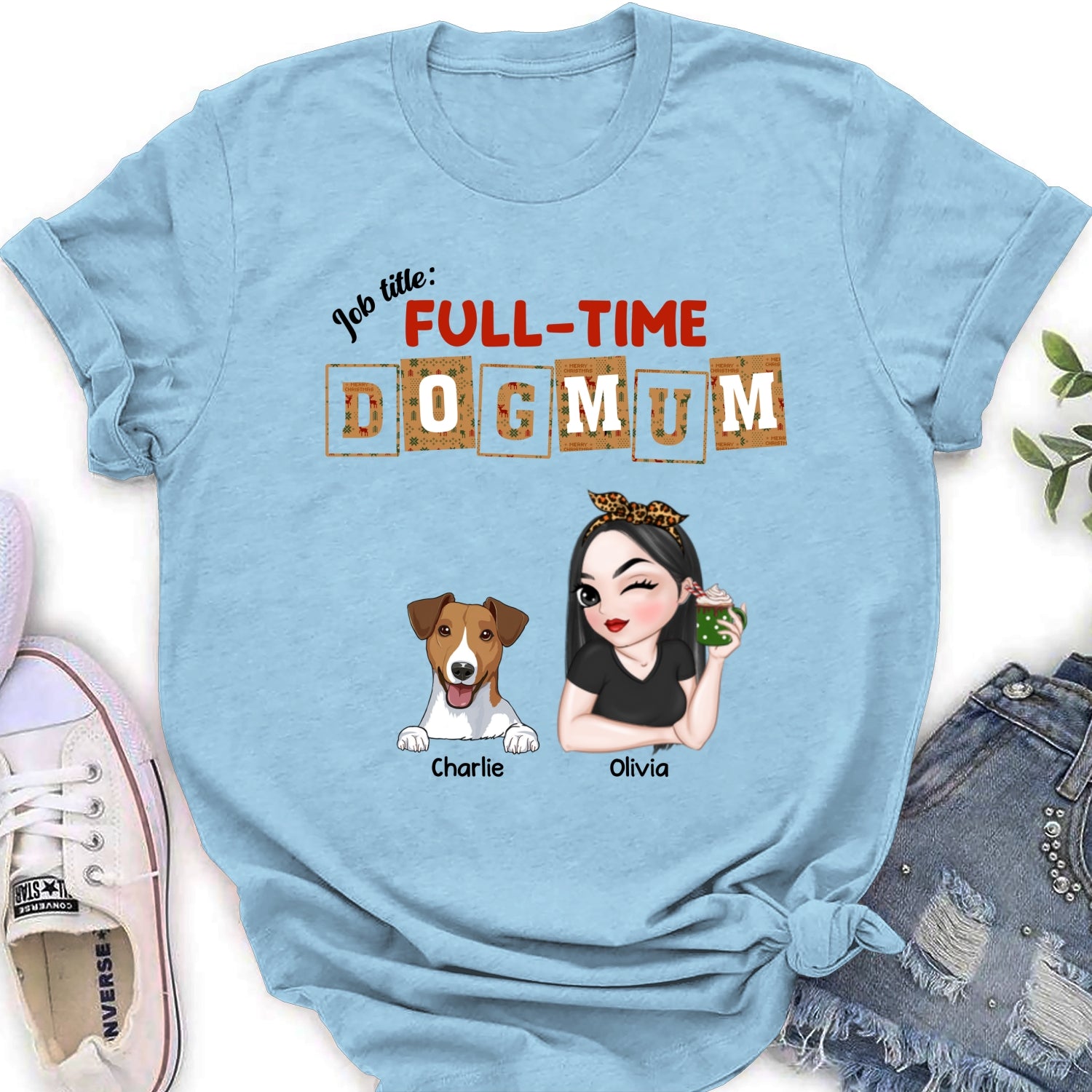 Full Time Dog Mom Dad Christmas - Personalized Custom Women's T-shirt - Ideal Gift for Pet Lovers