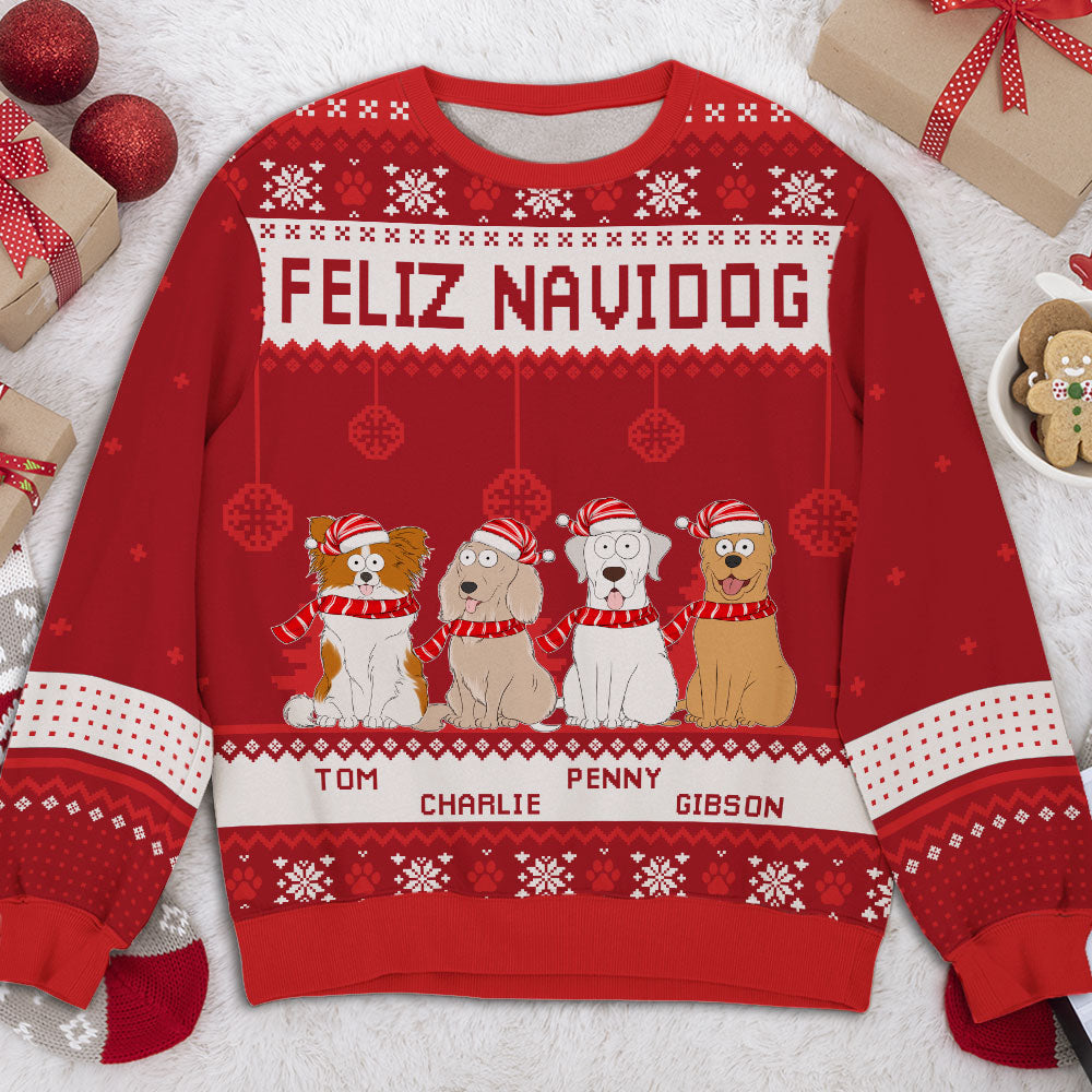 Feliz Navidog 2 - Personalized Custom All-Over-Print Unisex 8.8 oz Polyester Blend Holiday Sweatshirt for Dog Lovers