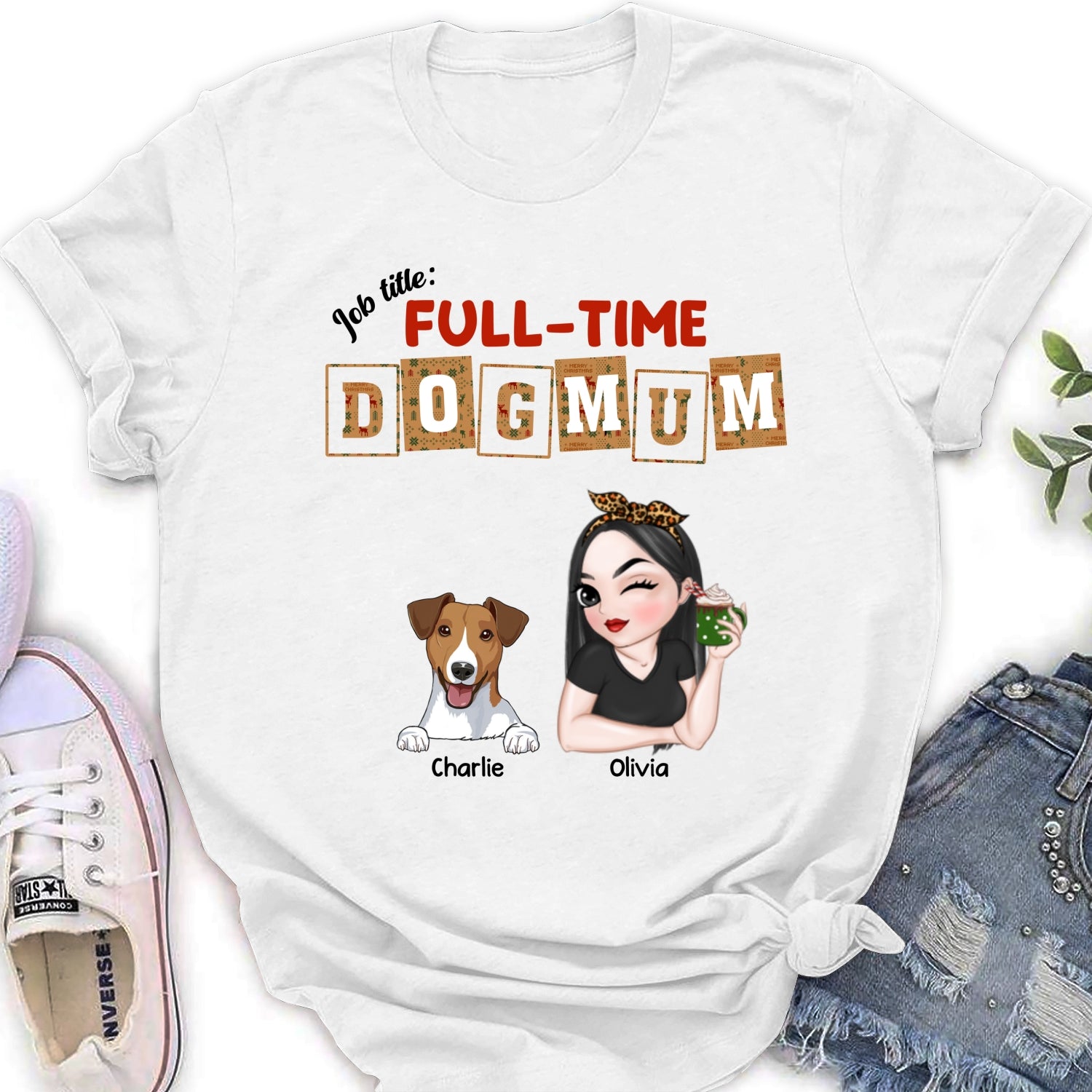Full Time Dog Mom Dad Christmas - Personalized Custom Women's T-shirt - Ideal Gift for Pet Lovers