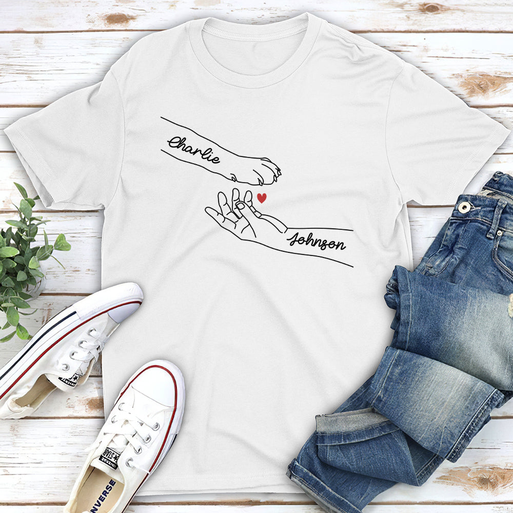 Dog Paw And Human Hand - Personalized Custom Unisex 5.3 oz T-shirt for Pet Lovers