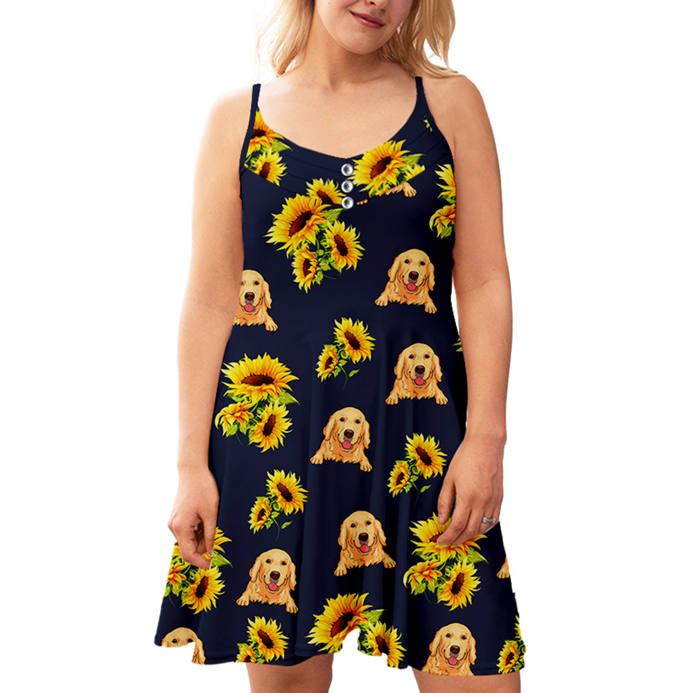 Navy Dog Sunflower Pattern - Personalized Custom Adjustable Strap Knee-Length Dress for Dog Lovers