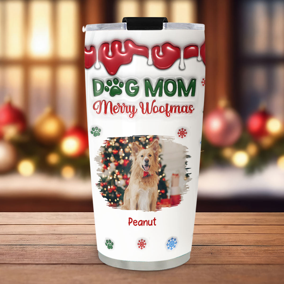 Merry Woofmas Personalized Custom 3D Inflated Effect Tumbler - Upload Photo for My Dog Mom Version