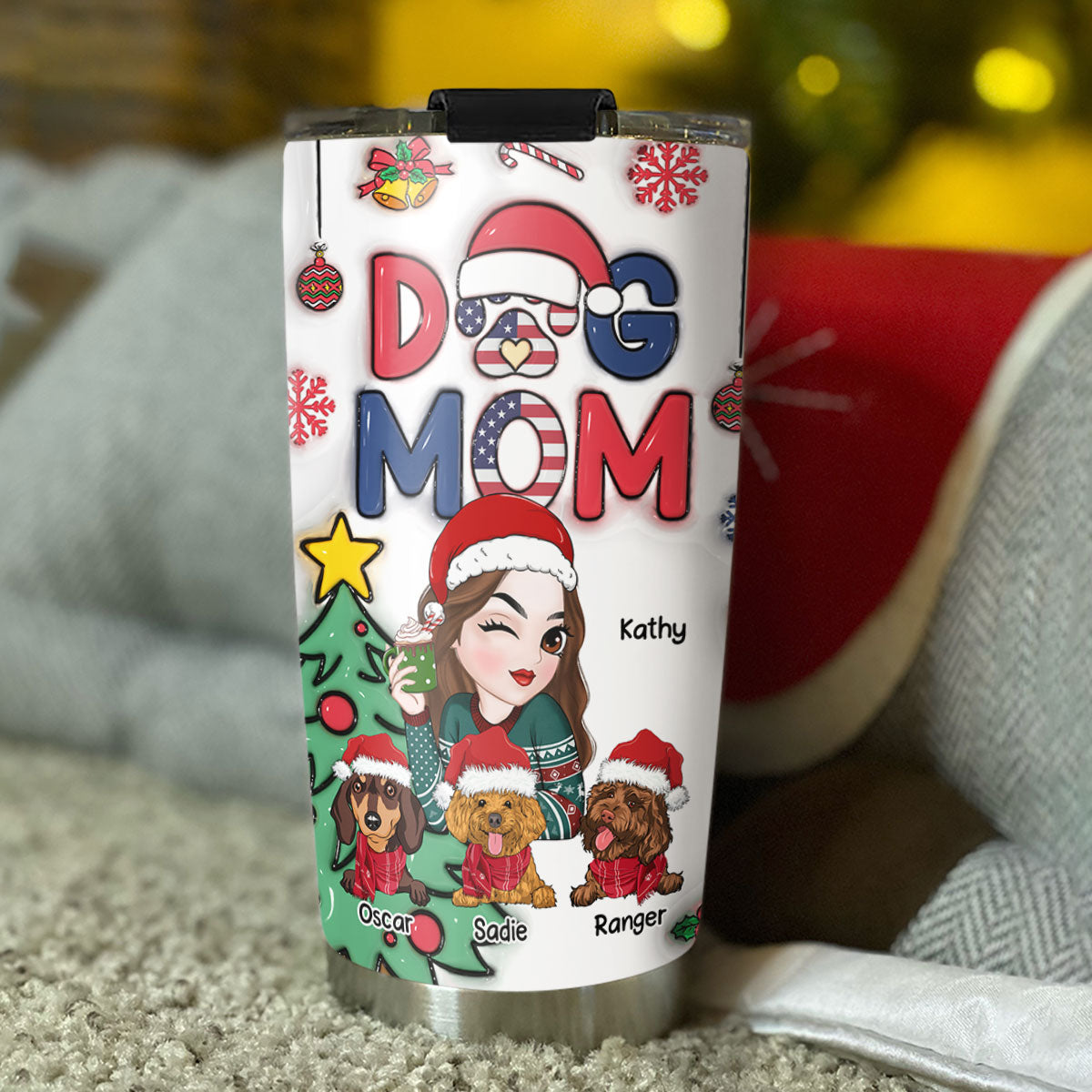 Charming Dog Mom Christmas Version 3 - Personalized Custom 3D Inflated Effect 20oz Stainless Steel Tumbler