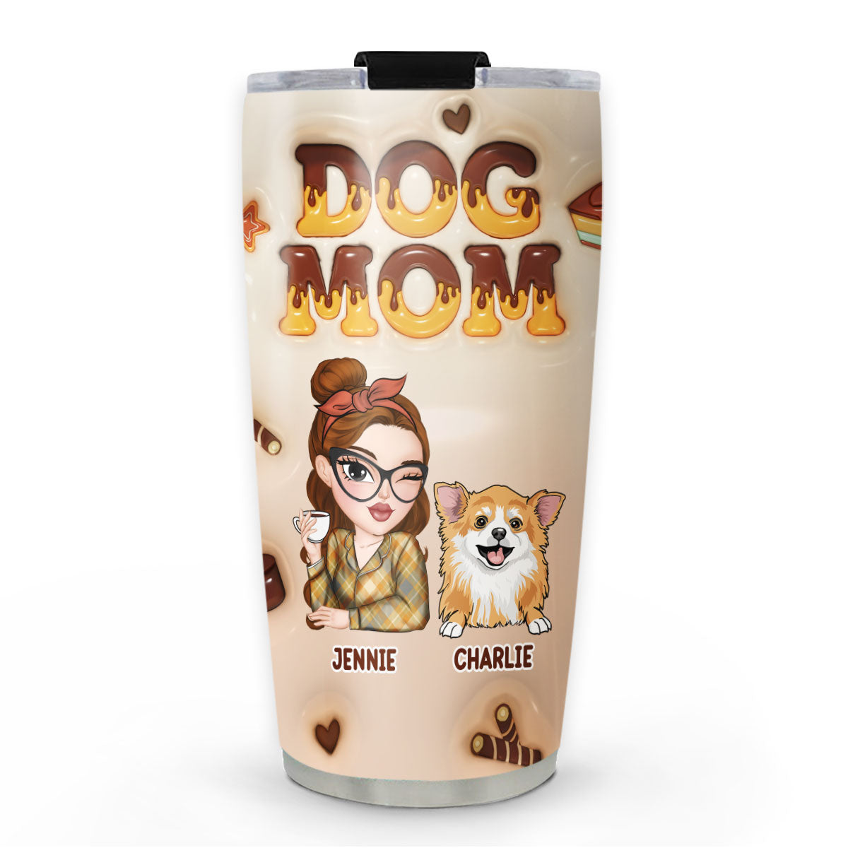 Personalized Custom 3D Inflated Effect Dog Mom Chocolate Tumbler - 20oz High - Quality Stainless Steel