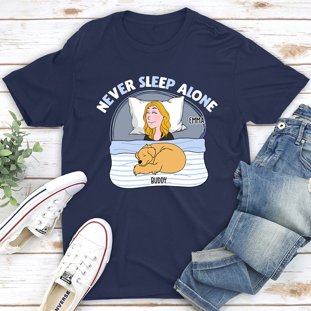 Never Sleep Alone - Personalized Custom Unisex 5.3 oz T-shirt for Pet Lovers