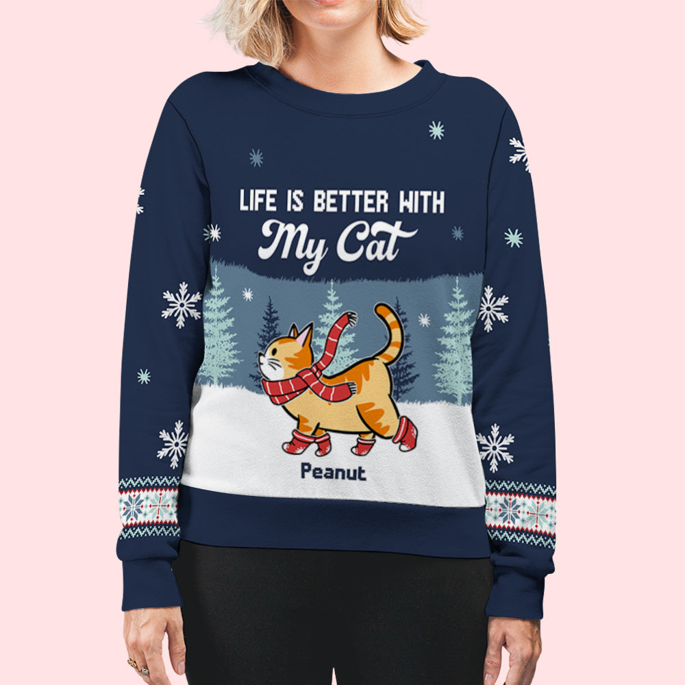 Better Life Walking Cat - Stylish Personalized Custom All-Over-Print Unisex Sweatshirt for Pet Lovers