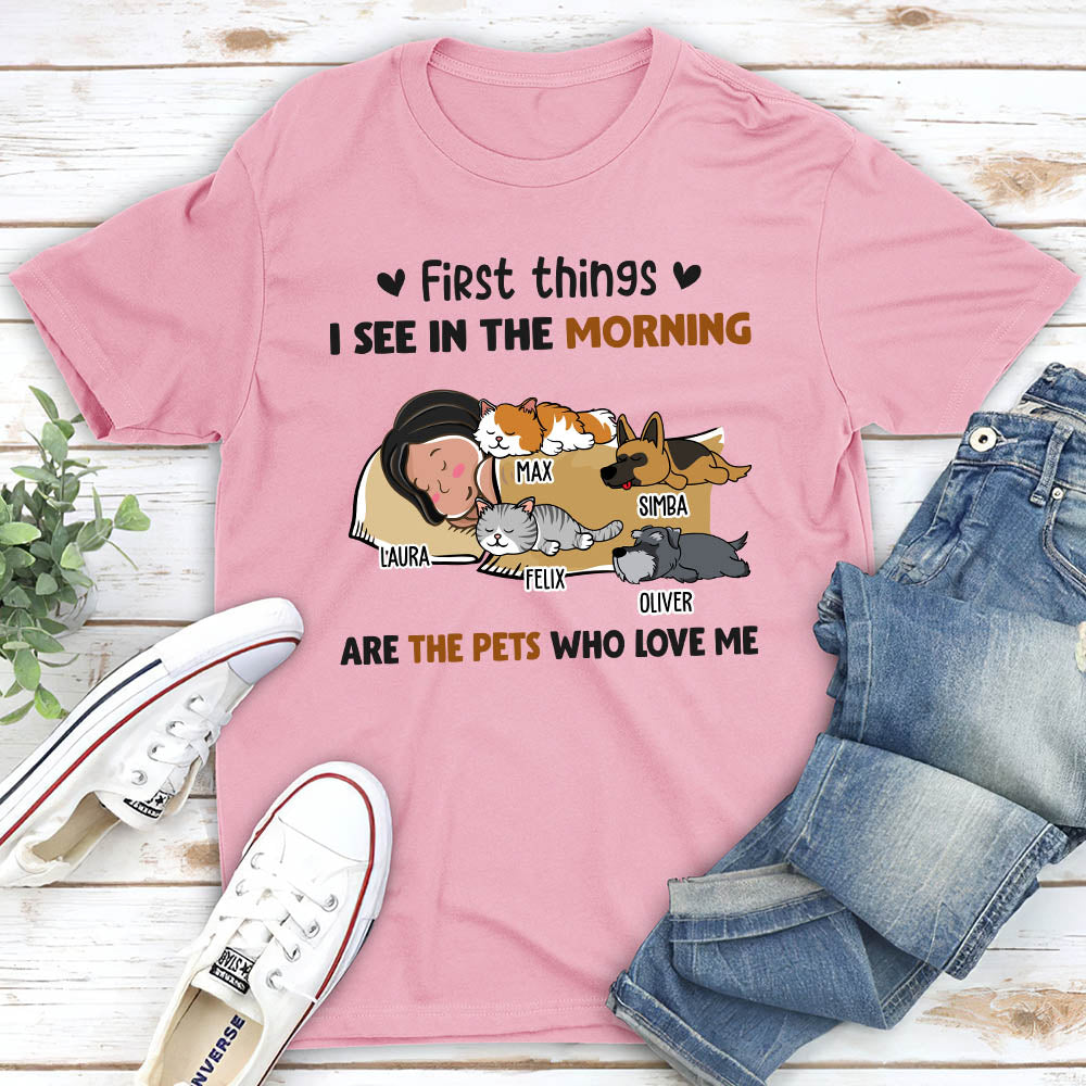 Morning First Thing Personalized Custom Unisex Cotton Blend T-shirt for Pet Lovers