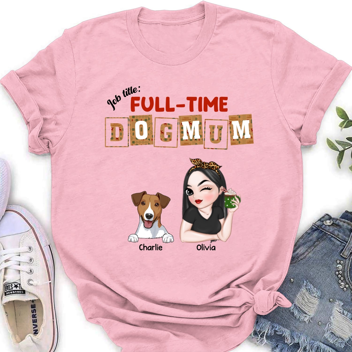 Full Time Dog Mom Dad Christmas - Personalized Custom Women's T-shirt - Ideal Gift for Pet Lovers