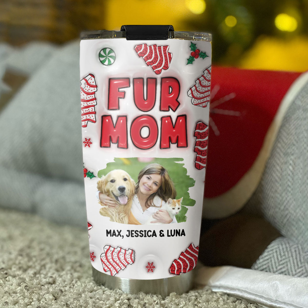 Pet Mom Christmas Cake Photo - Personalized Custom 3D Inflated Effect 20oz Stainless Steel Tumbler for All Occasions