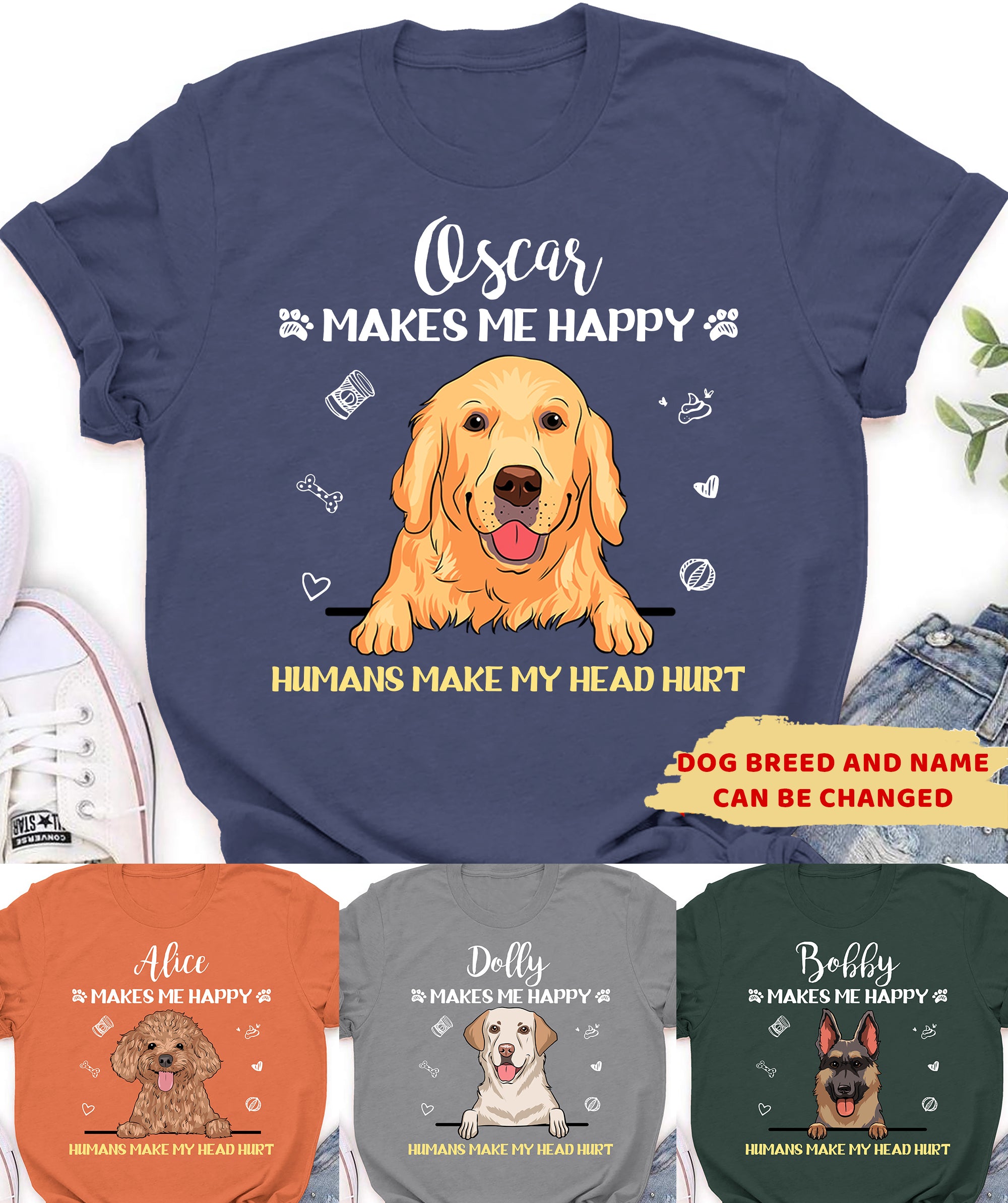 Dogs Make Me Happy, Humans Make My Head Hurt - Personalized Custom Unisex Classic 5.3 oz T-shirt for Pet Lovers