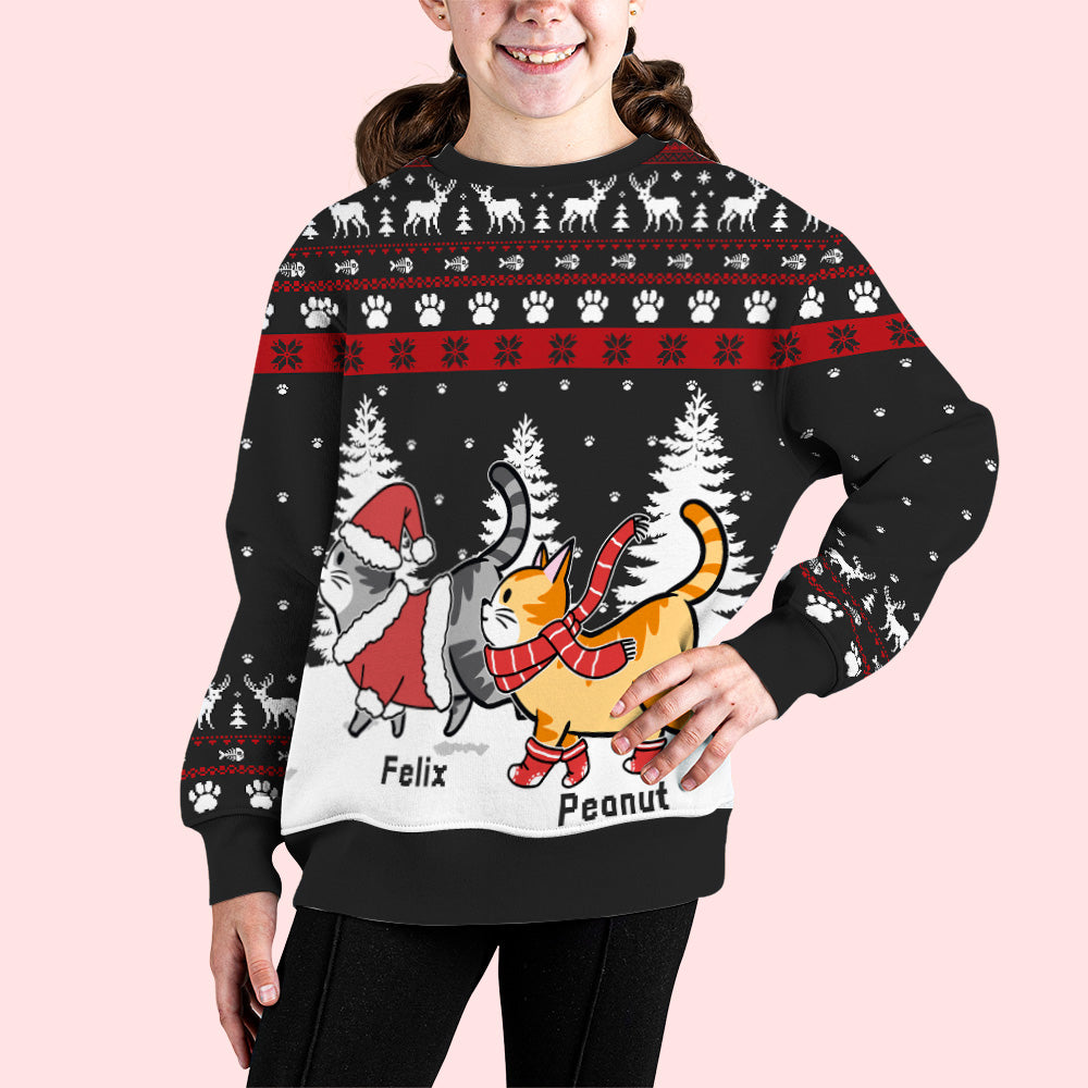 Christmas Cat Walking - Customizable Personalized All-Over-Print Kids' Sweatshirt for a Trendy Holiday Look
