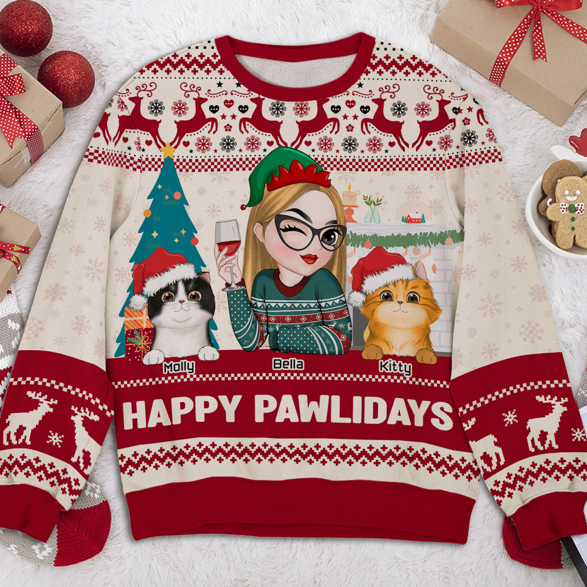 Happy Pawlidays Personalized Custom All-Over-Print Unisex Sweatshirt for Cat Moms - Trendy Holiday Gift