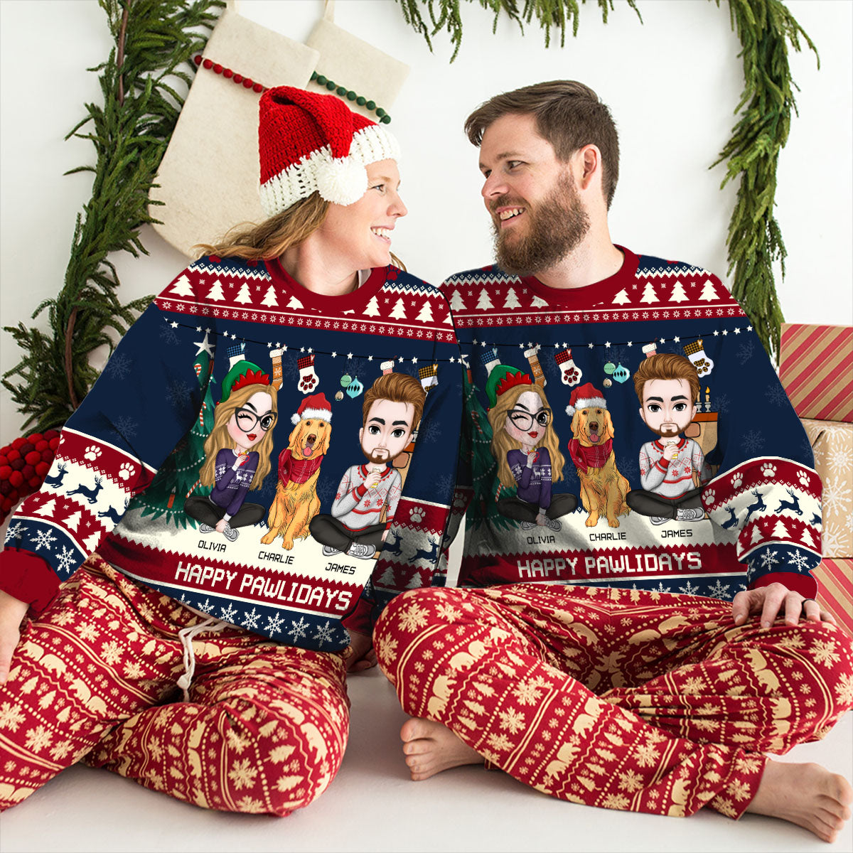 Couple Snowy Pawlidays - Personalized Custom All-Over-Print 8.8 oz Unisex Polyester Blend Sweatshirt for Pet Lovers