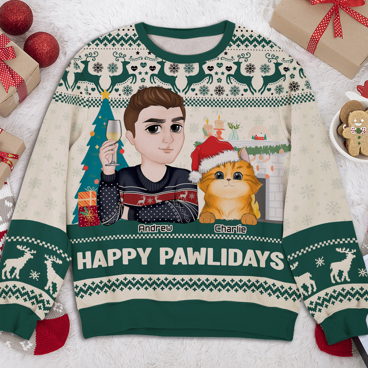 Happy Pawlidays Personalized Custom All-Over-Print Unisex Sweatshirt for Cat Moms - Trendy Holiday Gift
