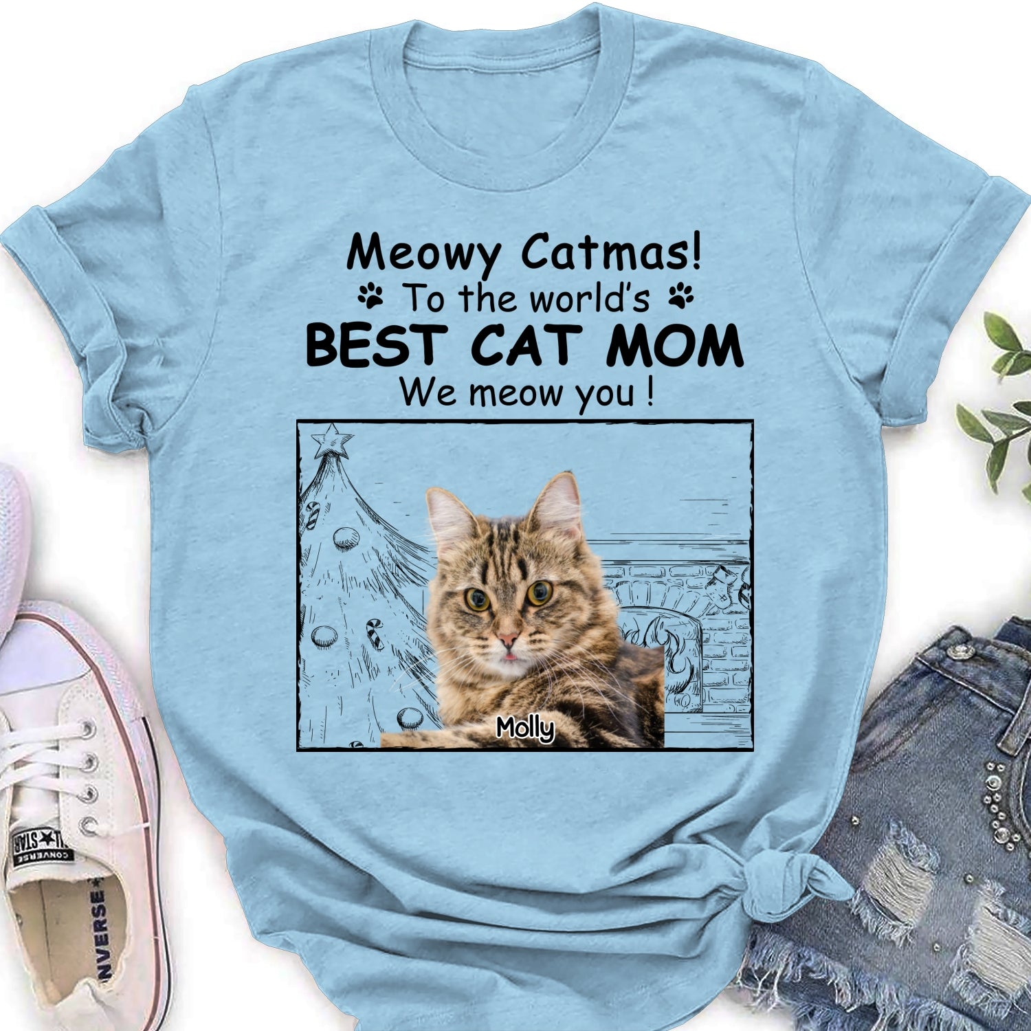 Top-Rated Personalized Custom Women's Christmas Cat Mom Photo T-shirt