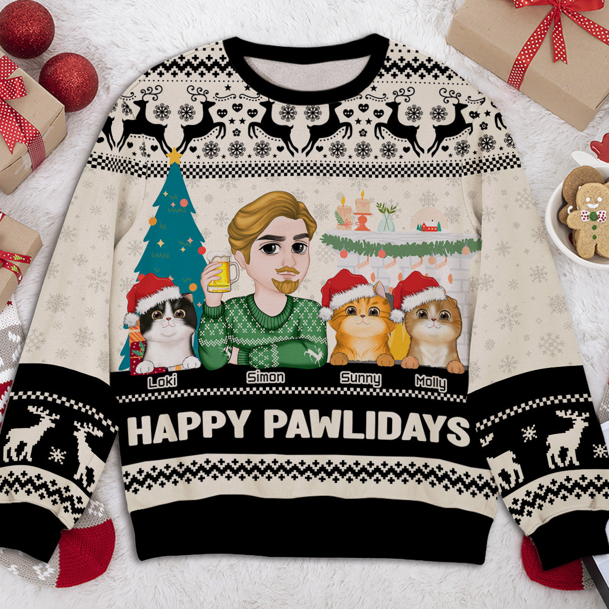 Happy Pawlidays Personalized Custom All-Over-Print Unisex Sweatshirt for Cat Moms - Trendy Holiday Gift