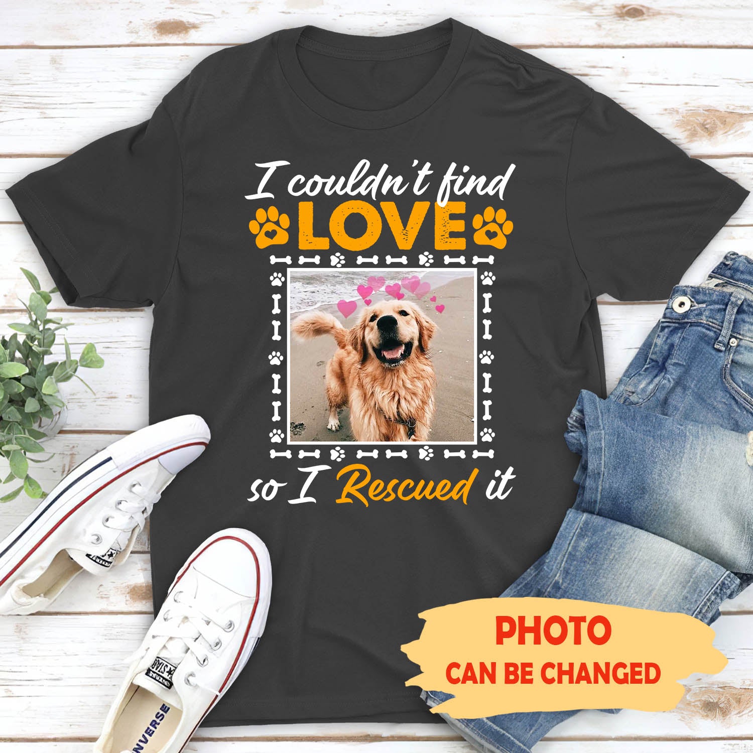 Rescue Love - Personalized Custom Photo Unisex 5.3 oz Heavy Cotton T-shirt for Pet Lovers