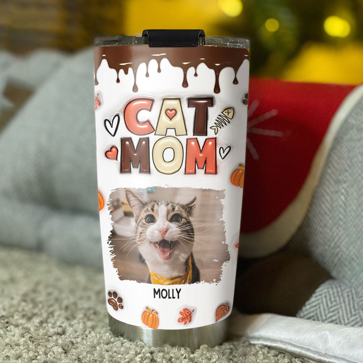 Fall Season Personalized Custom 3D Inflated Effect Tumbler for Cat Moms