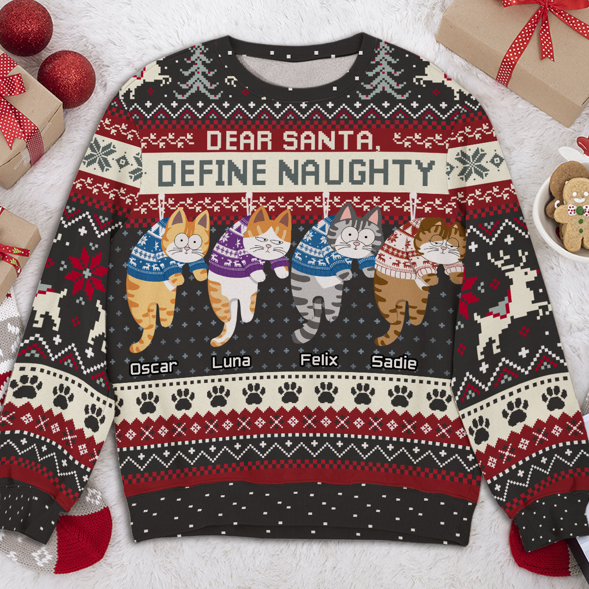 Personalized Custom All-Over-Print Christmas Hanging Cat Unisex Sweatshirt