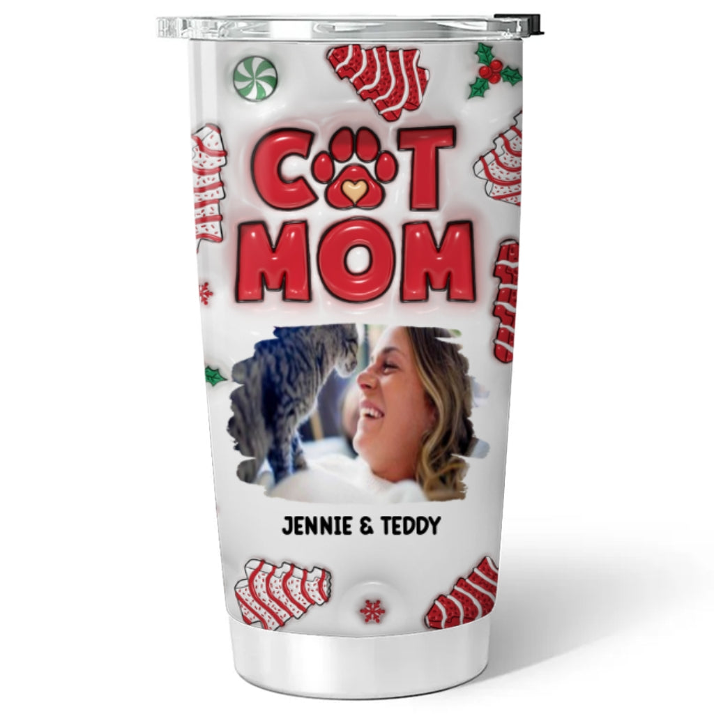 Cat Mom Christmas Cake Personalized Custom 3D Inflated Effect 20oz Stainless Steel Tumbler for All Occasions
