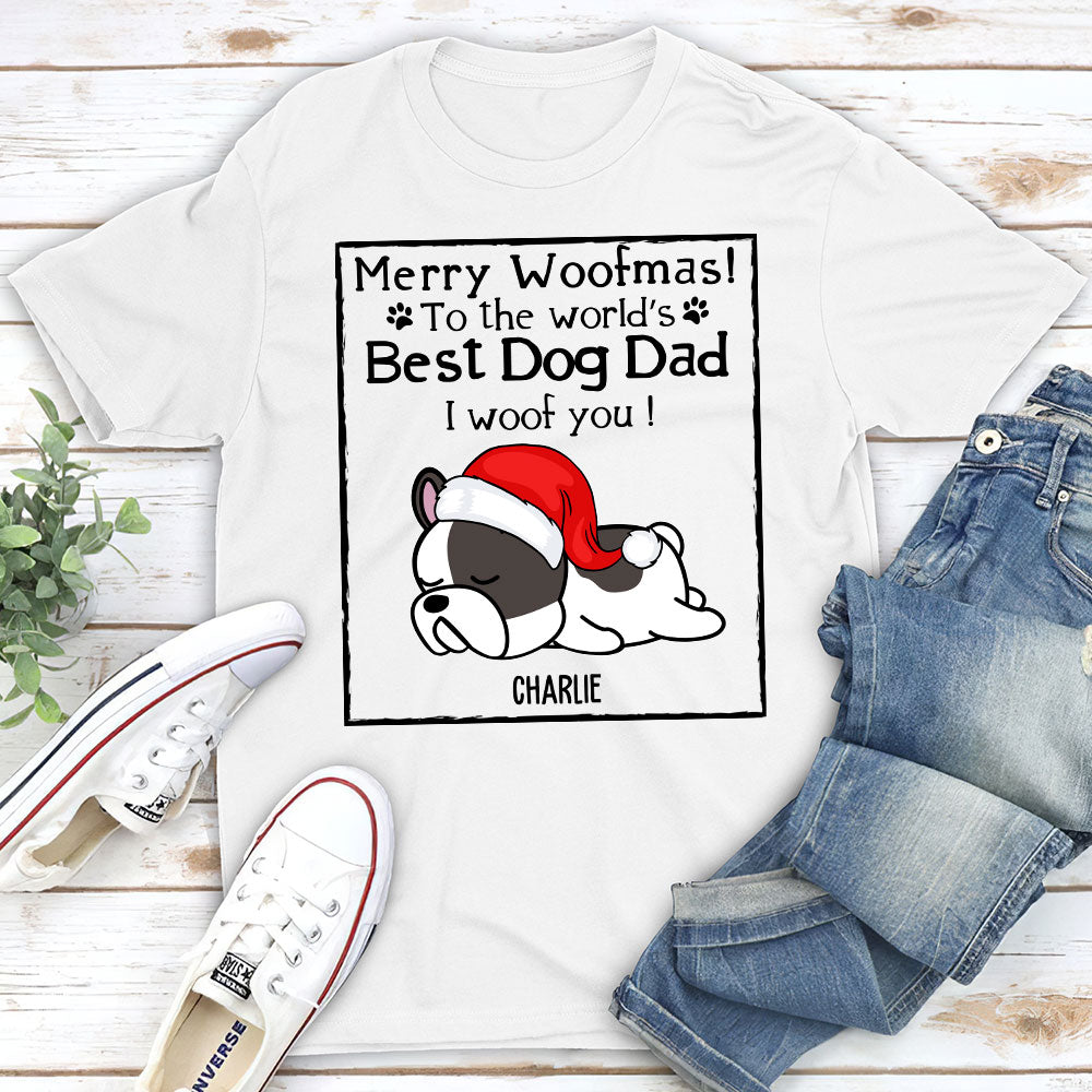 Woof Dog Dad Mom Christmas - Personalized Custom Unisex 5.3 oz Heavy Cotton T-shirt for Pet Lovers