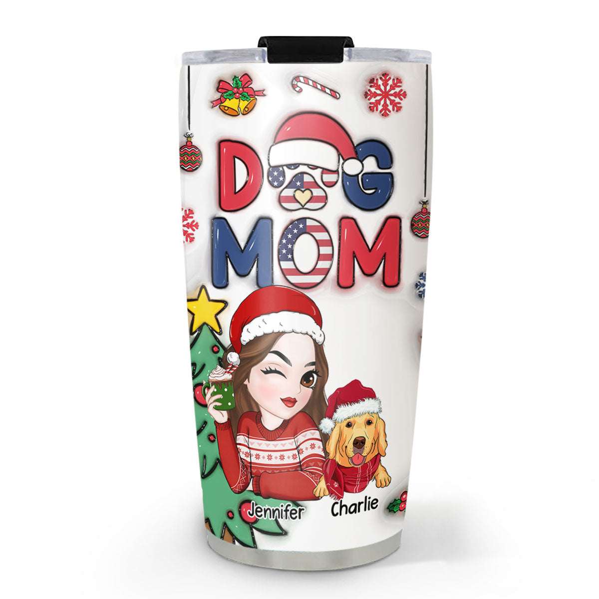 Charming Dog Mom Christmas Version 3 - Personalized Custom 3D Inflated Effect 20oz Stainless Steel Tumbler