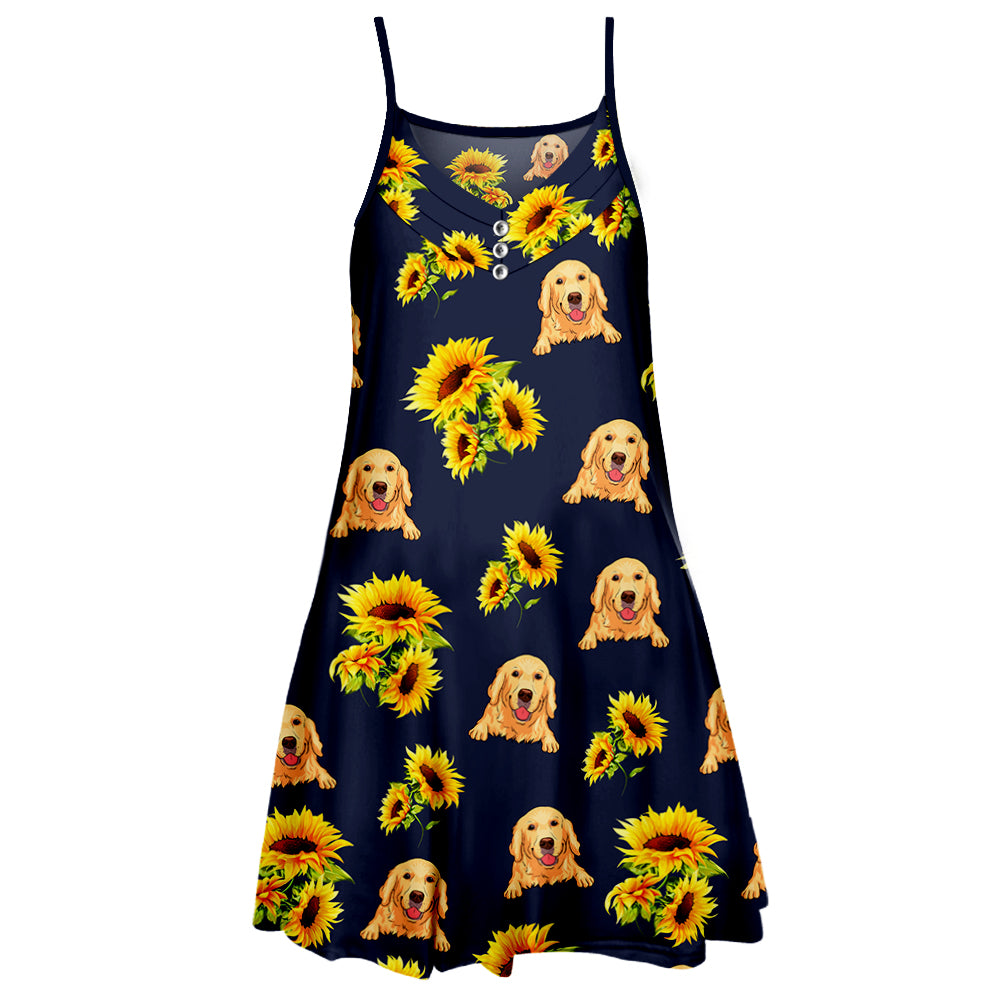 Navy Dog Sunflower Pattern - Personalized Custom Adjustable Strap Knee-Length Dress for Dog Lovers