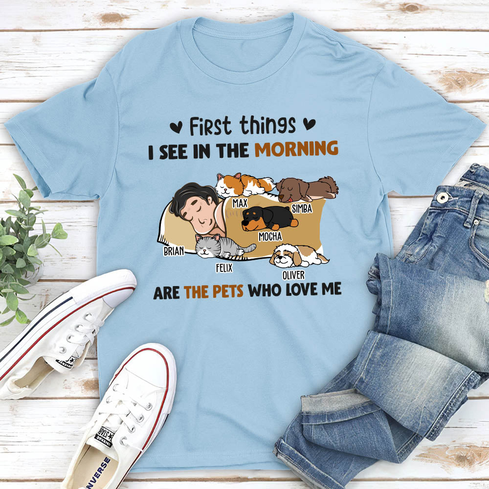 Morning First Thing Personalized Custom Unisex Cotton Blend T-shirt for Pet Lovers