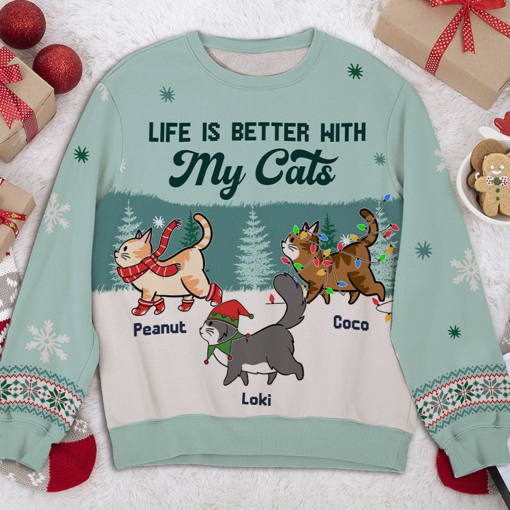 Better Life Walking Cat - Stylish Personalized Custom All-Over-Print Unisex Sweatshirt for Pet Lovers