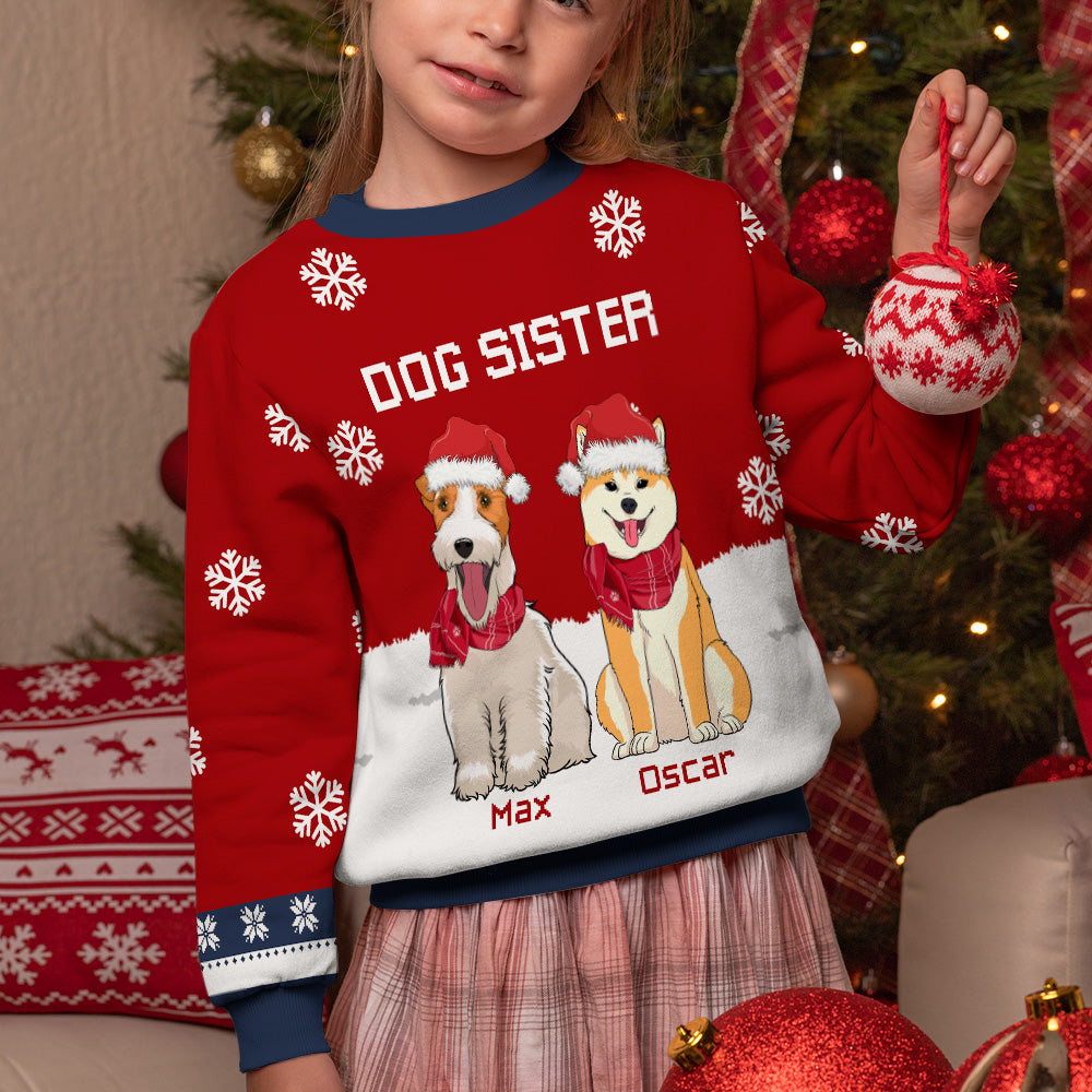 Customizable Winter Dog-themed Personalized All-Over-Print Sweatshirt for Kids - Brother and Sister Styles