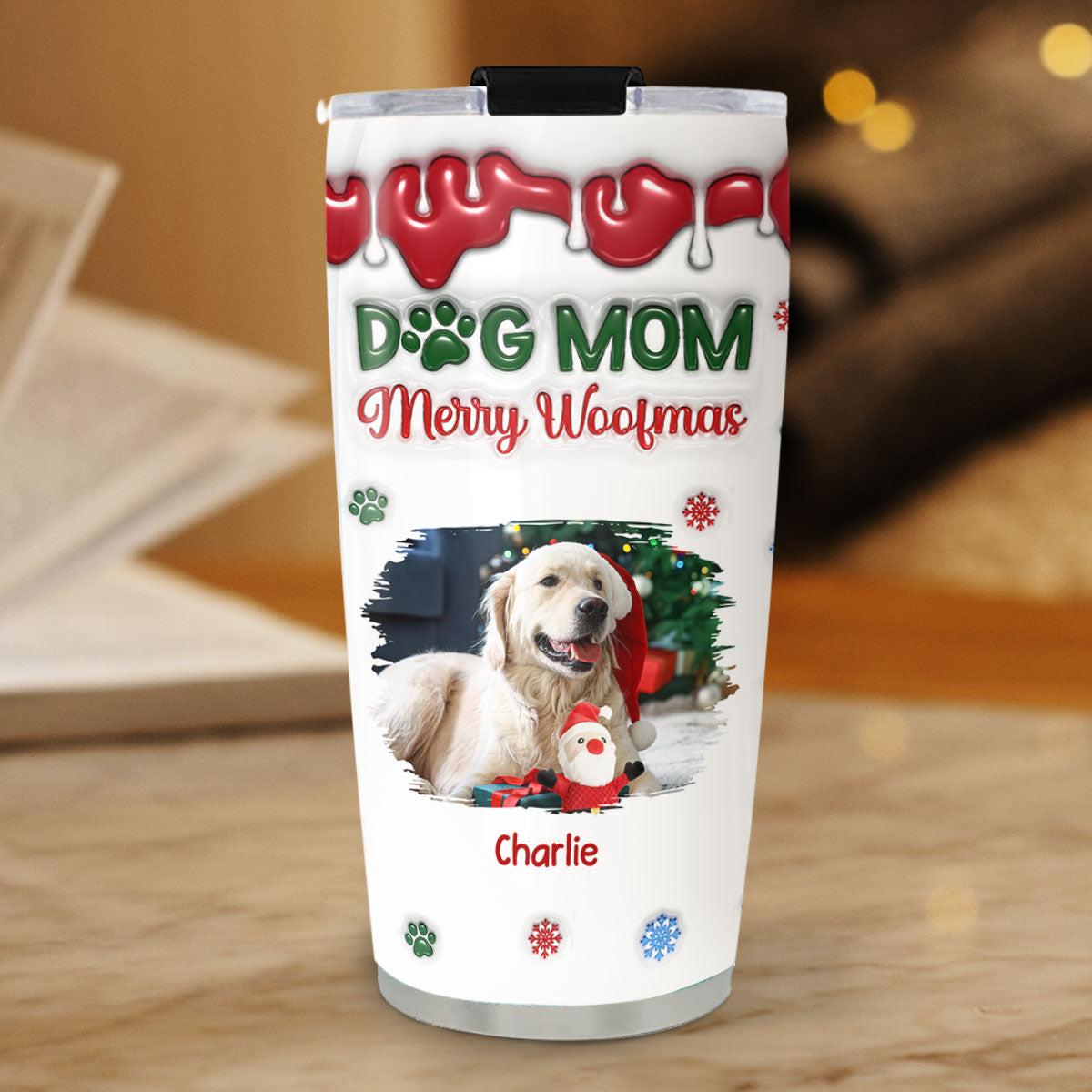 Merry Woofmas Personalized Custom 3D Inflated Effect Tumbler - Upload Photo for My Dog Mom Version