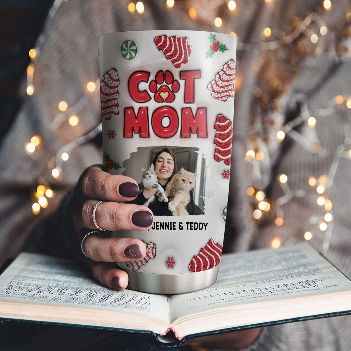 Cat Mom Christmas Cake Personalized Custom 3D Inflated Effect 20oz Stainless Steel Tumbler for All Occasions