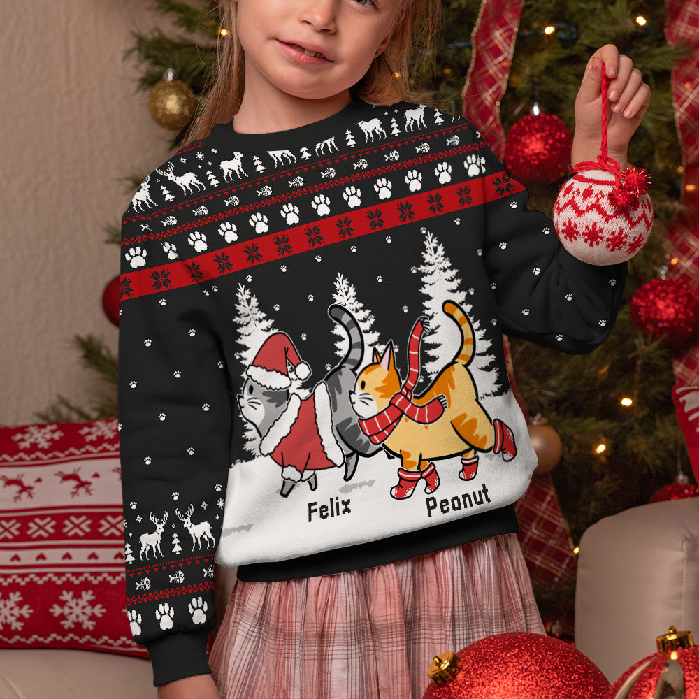 Christmas Cat Walking - Customizable Personalized All-Over-Print Kids' Sweatshirt for a Trendy Holiday Look