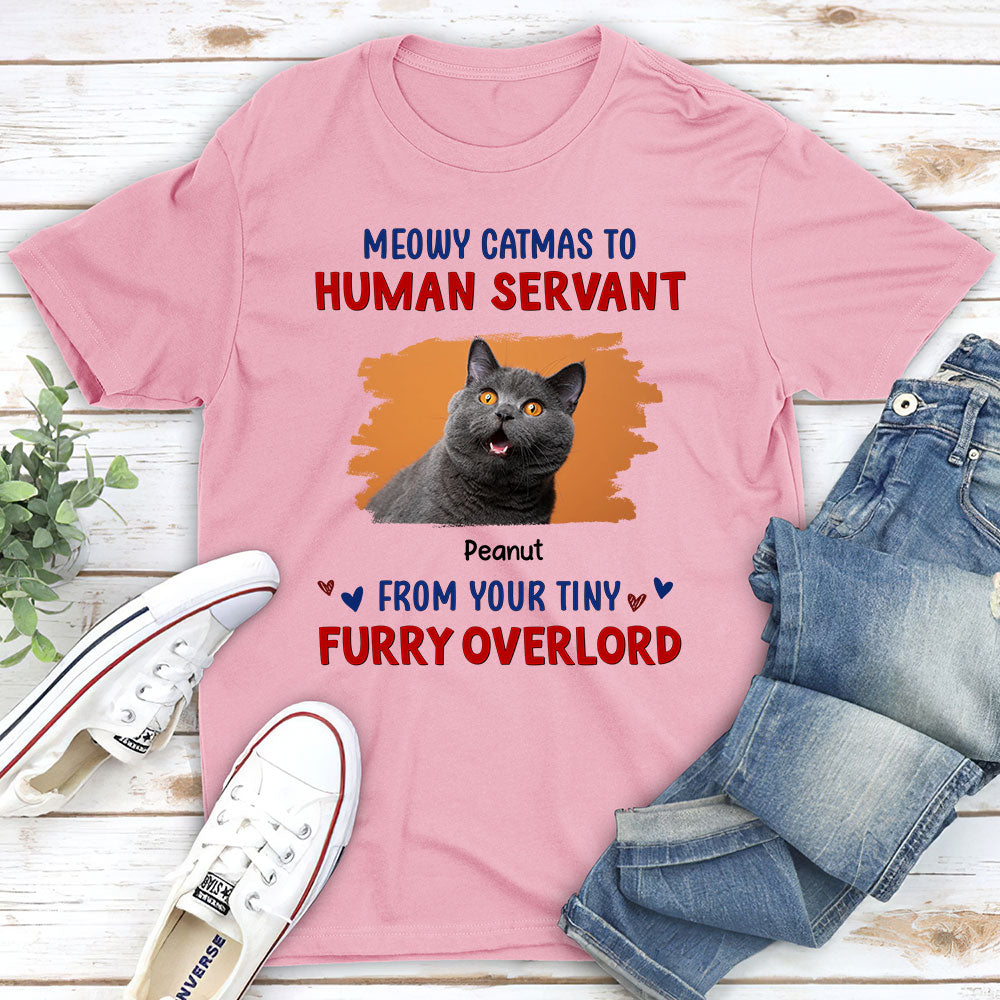 Meowy Catmas To Human Servant Personalized Custom Unisex 5.3 oz T-shirt - Perfect Gift for Pet Lovers