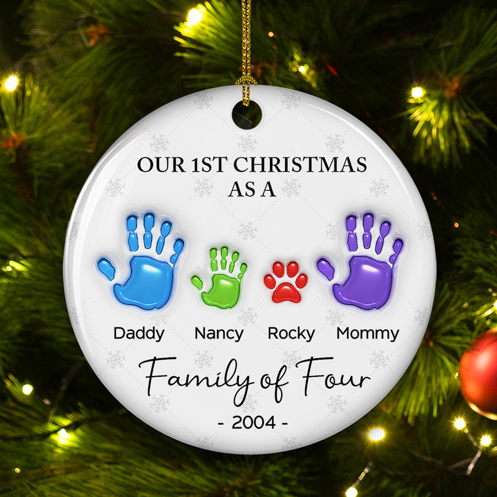 First Christmas As A Family Personalized Custom 3D Inflated Effect White Ceramic Handprints Ornament (About 3' Diameter)
