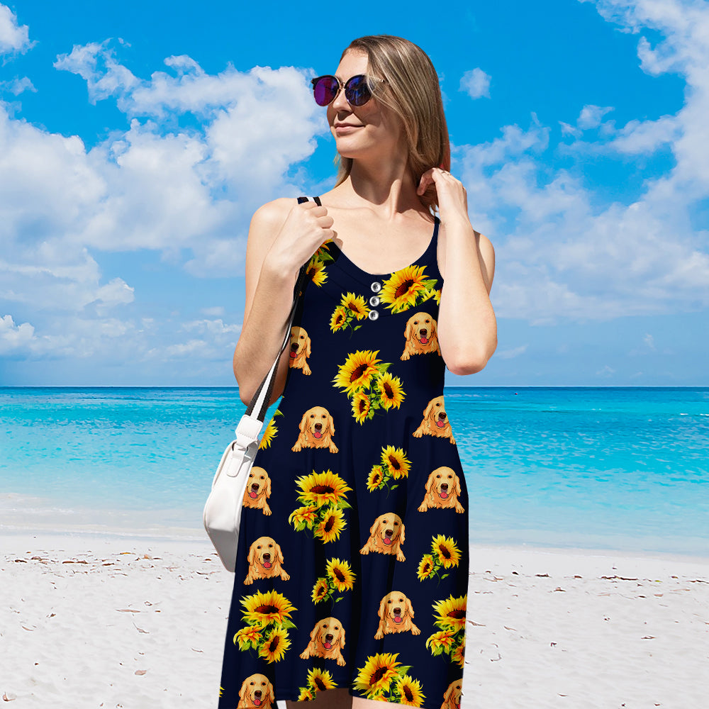 Navy Dog Sunflower Pattern - Personalized Custom Adjustable Strap Knee-Length Dress for Dog Lovers