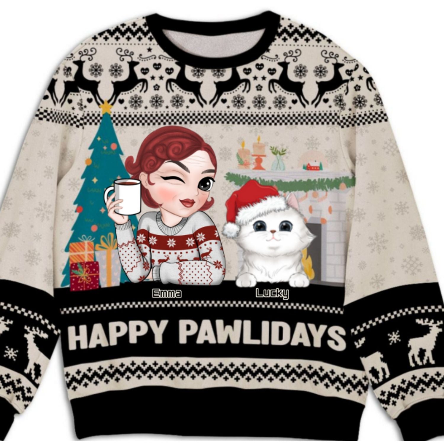 Happy Pawlidays Personalized Custom All-Over-Print Unisex Sweatshirt for Cat Moms - Trendy Holiday Gift